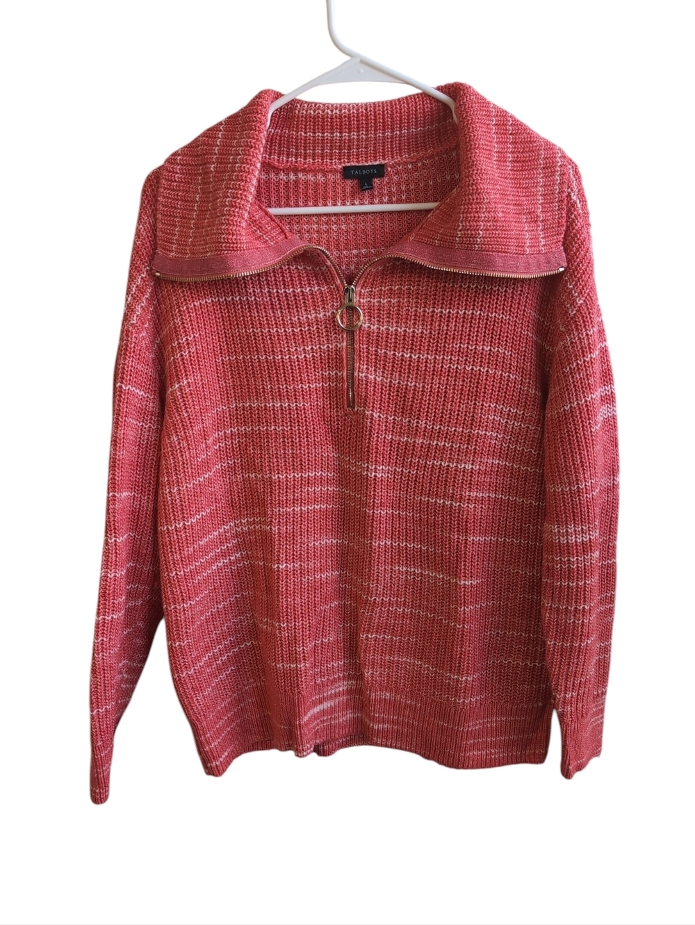 Talbots Berry White Heathered Half Zip Collared Sweater Cotton Blend Size Large